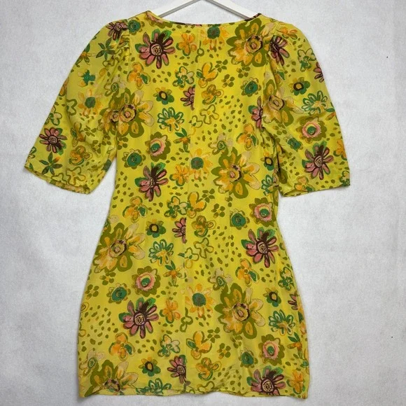 Le Fou Wilfred Yellow Floral Silk Ruched Button Front Mini Dress Size 10 - Picture 3 of 9